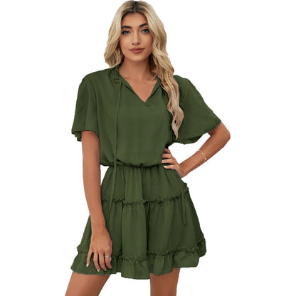 Short Sleeve Dress Women's Ruffled V-neck