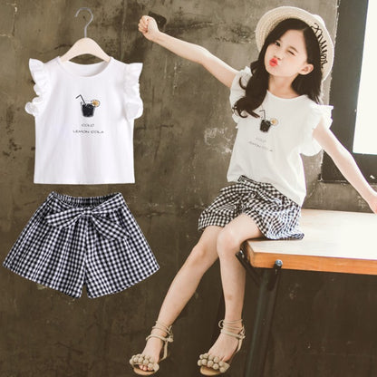 Children's Clothing Girls Suit Short-sleeved Two-piece Korean-style Bow Check Shorts