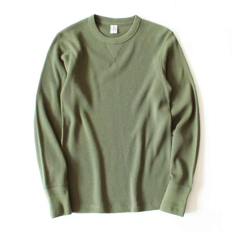 Vintage Khaki Waffle Cotton Padded Neckline Long Sleeve T-shirt