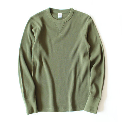 Vintage Khaki Waffle Cotton Padded Neckline Long Sleeve T-shirt