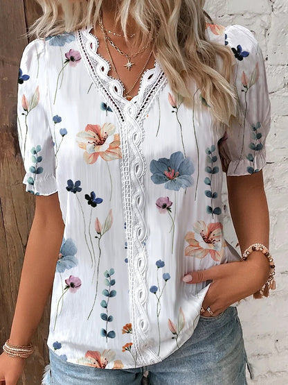 Summer V-neck Lace Stitching Printing Shirt For Women