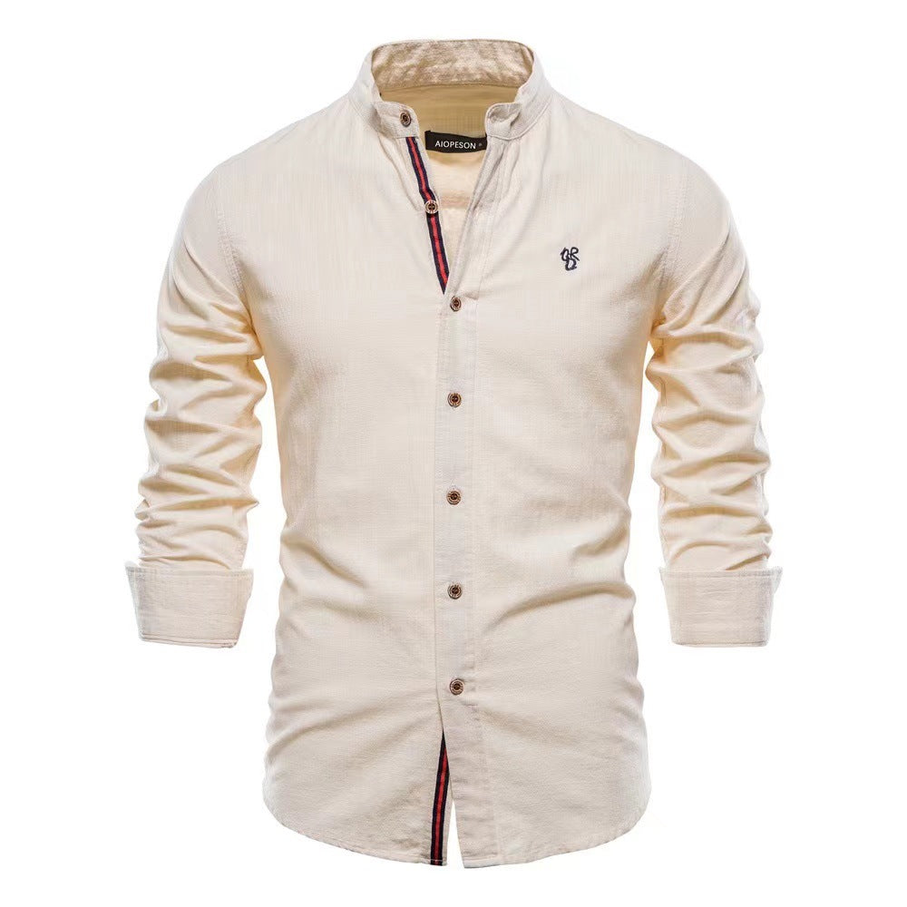 Men's Cotton And Linen Casual Fashion Solid Color Long Sleeve Henley Shirt