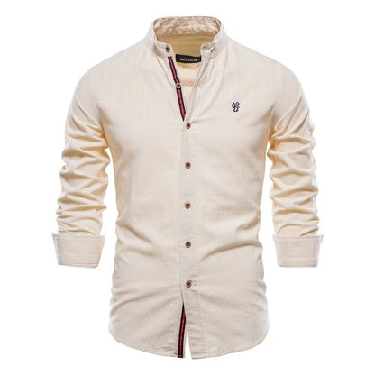 Men's Cotton And Linen Casual Fashion Solid Color Long Sleeve Henley Shirt