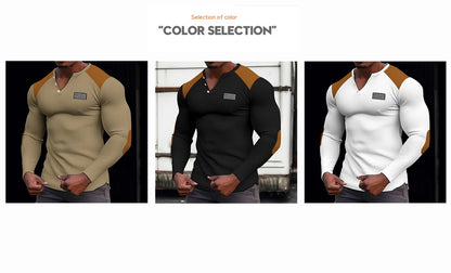 Men's Waffle V-neck T-shirt Top Long Sleeve