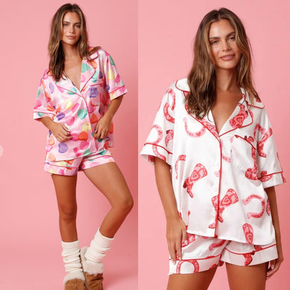 Satin Printed Two-piece Suit Pajamas For Women