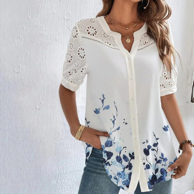 Fashion Breasted Lapel Short-sleeved Shirt Women's Top