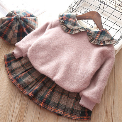 Girls' Stitching Pullover Sweater And Plaid Pleated Skirt Two-piece Suit