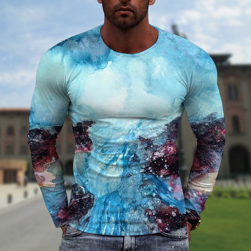 3D Digital Printing Colorful Men's Long Sleeve Round Neck T-shirt