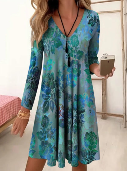 V-neck High Waisted Printed Sleeve Loose Fitting Dress