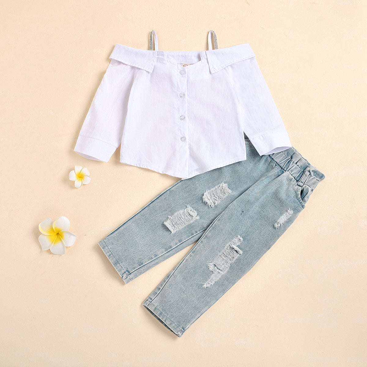 One-shoulder Cotton Sling Shirt Ripped Pocket Jeans Suit