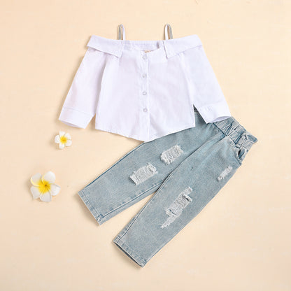 One-shoulder Cotton Sling Shirt Ripped Pocket Jeans Suit