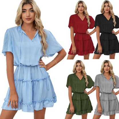 Short Sleeve Dress Women's Ruffled V-neck