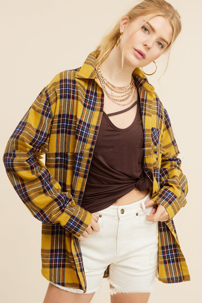 Spring And Autumn Women's Fashion Polo Collar Pocket Single-breasted Plaid Shirt