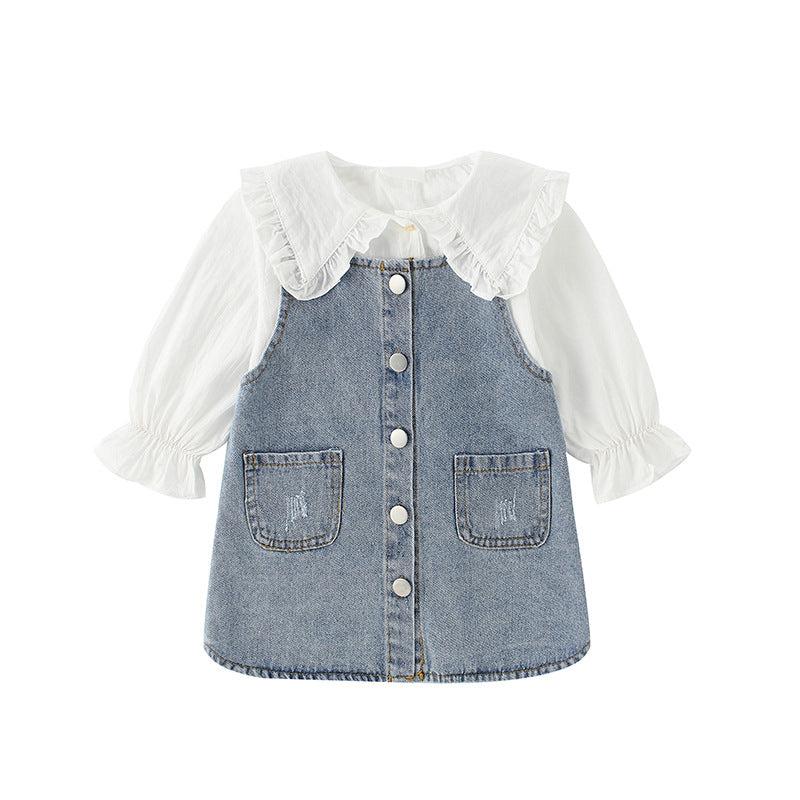 Two-piece Baby Girl Big Lapel Shirt Denim Strap Skirt