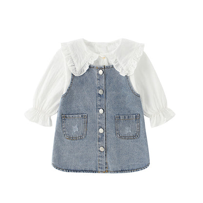 Two-piece Baby Girl Big Lapel Shirt Denim Strap Skirt