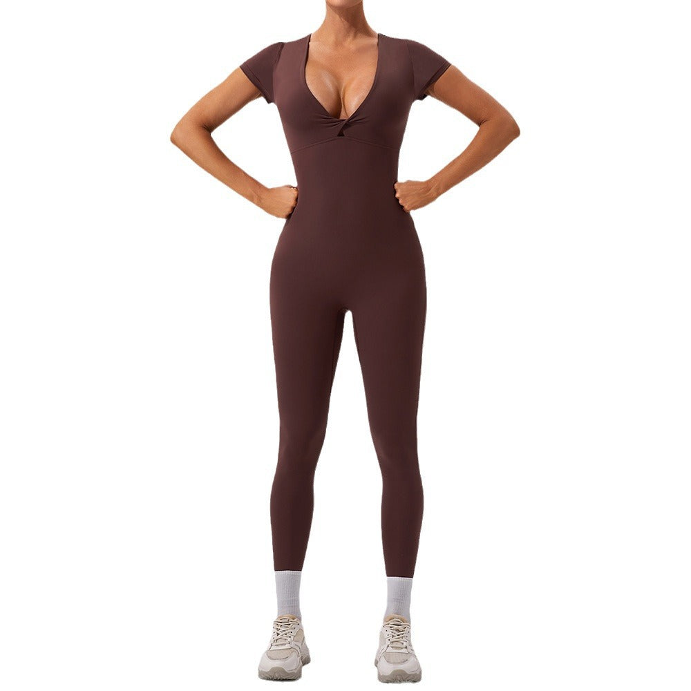 European And American Sexy Nude Feel Short Sleeve Yoga Jumpsuit