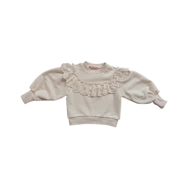 Pull à manches lanternes de style occidental pour fille, à volants