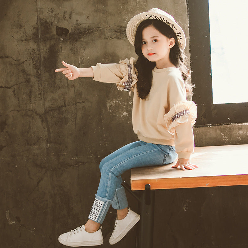 Lace sleeve jeans children's suit