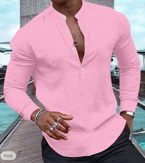 Chemise pour hommes décontractée à manches longues couleur unie coton lin Henley haut