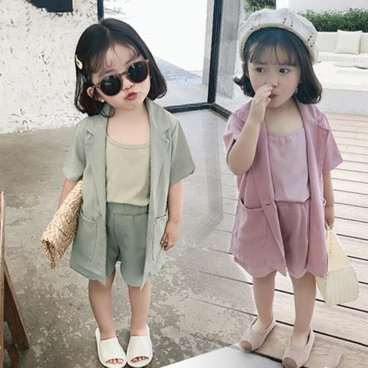 Spring And Summer Short-sleeved Thin Chiffon Jacket Shorts Vest Baby Three-piece Suit