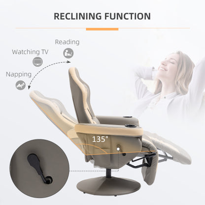 Manual Recliner Armchair PU Leather Lounge Chair W Adjustable Leg Rest, 135 Reclining Function, 360 Swivel, Grey