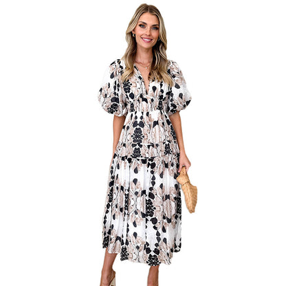 Temperament Leisure Printed V-neck Puff Sleeve Dress Women