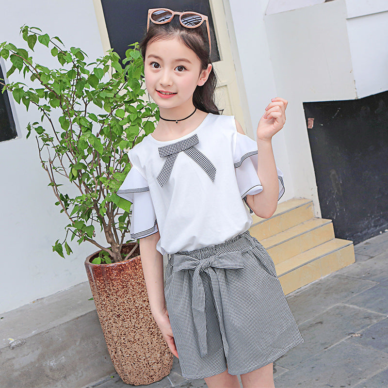 Girls' Suit New Style Off-shoulder Short-sleeved Shorts Suit