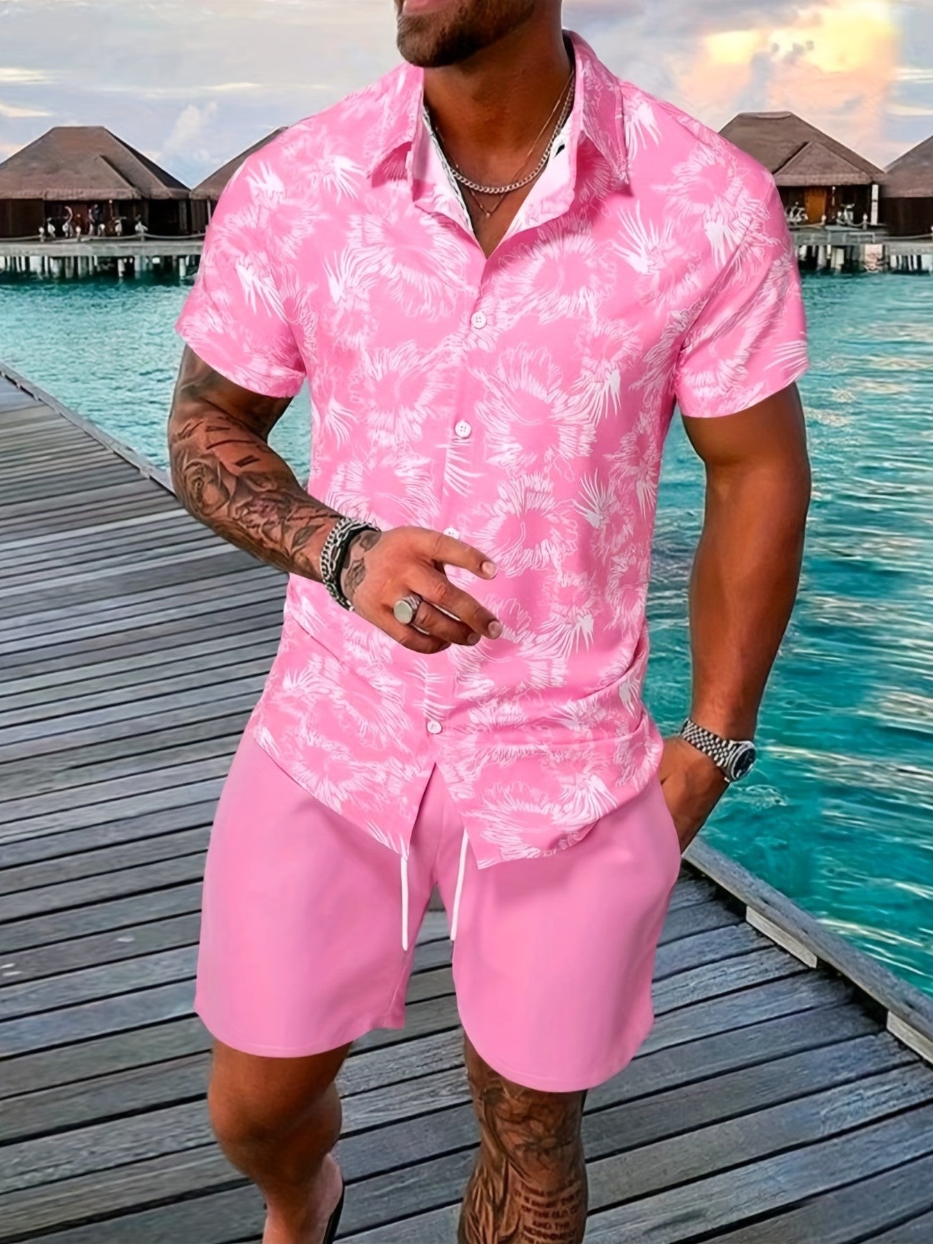 Men's Casual Loose Short Sleeved Shorts Beach Set