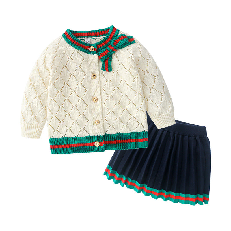 Costume de jupe cardigan tricoté en coton pour bébé fille