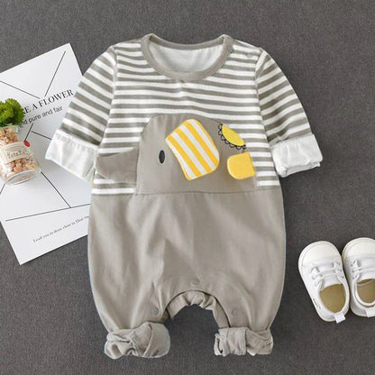 Infant Crew Neck Striped Elephant Print Romper