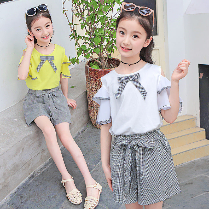 Girls' Suit New Style Off-shoulder Short-sleeved Shorts Suit