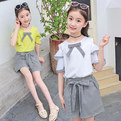 Girls' Suit New Style Off-shoulder Short-sleeved Shorts Suit