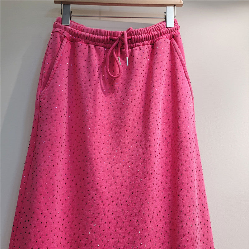 Starry Heavy Embroidery Hot Drilling Elastic Waist Split A- Line Skirt Women