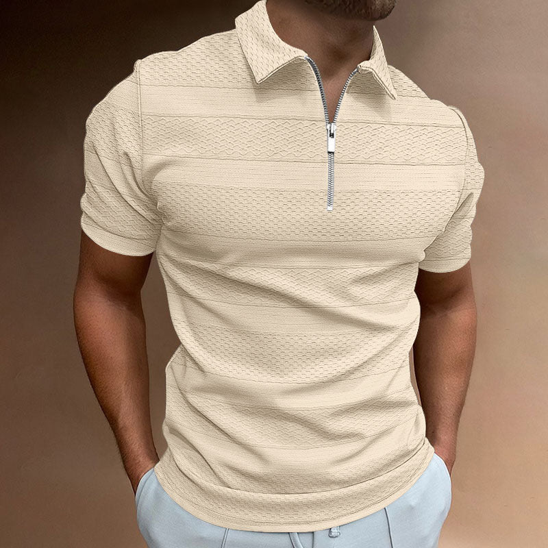 Summer Men's Shirt Solid Color Short-sleeved Lapel Casual Jacquard Top