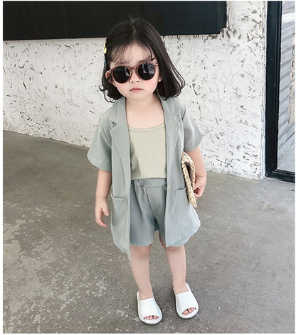 Spring And Summer Short-sleeved Thin Chiffon Jacket Shorts Vest Baby Three-piece Suit