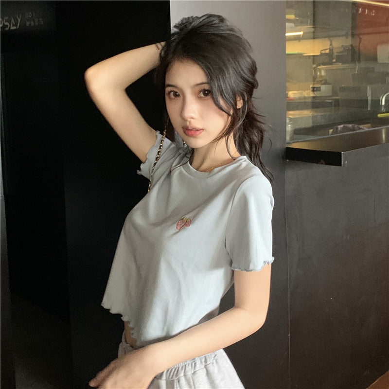 Short Sleeve Embroidered Wooden Ear Slim T-shirt