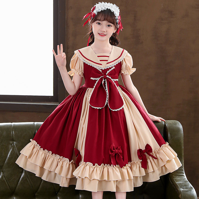 Girls Dress Pleated Bow Lolita Princess Dress