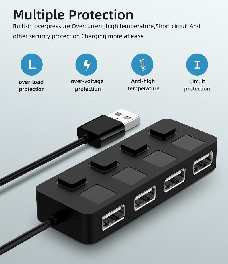 Répartiteur Multi USB 2.0 HUB, 4 extenseurs, adaptateur d'alimentation USB, indicateur d'alimentation, lecteurs USB pour ordinateur portable