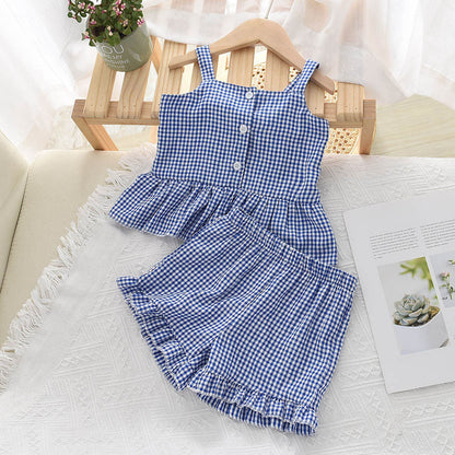 Two-piece Ruffled Plaid Suspender Top And Shorts