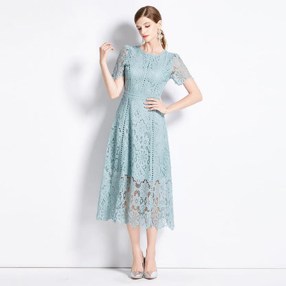 Round Neck Ruffle Sleeve Lace Slimming Temperament Elegant Dress