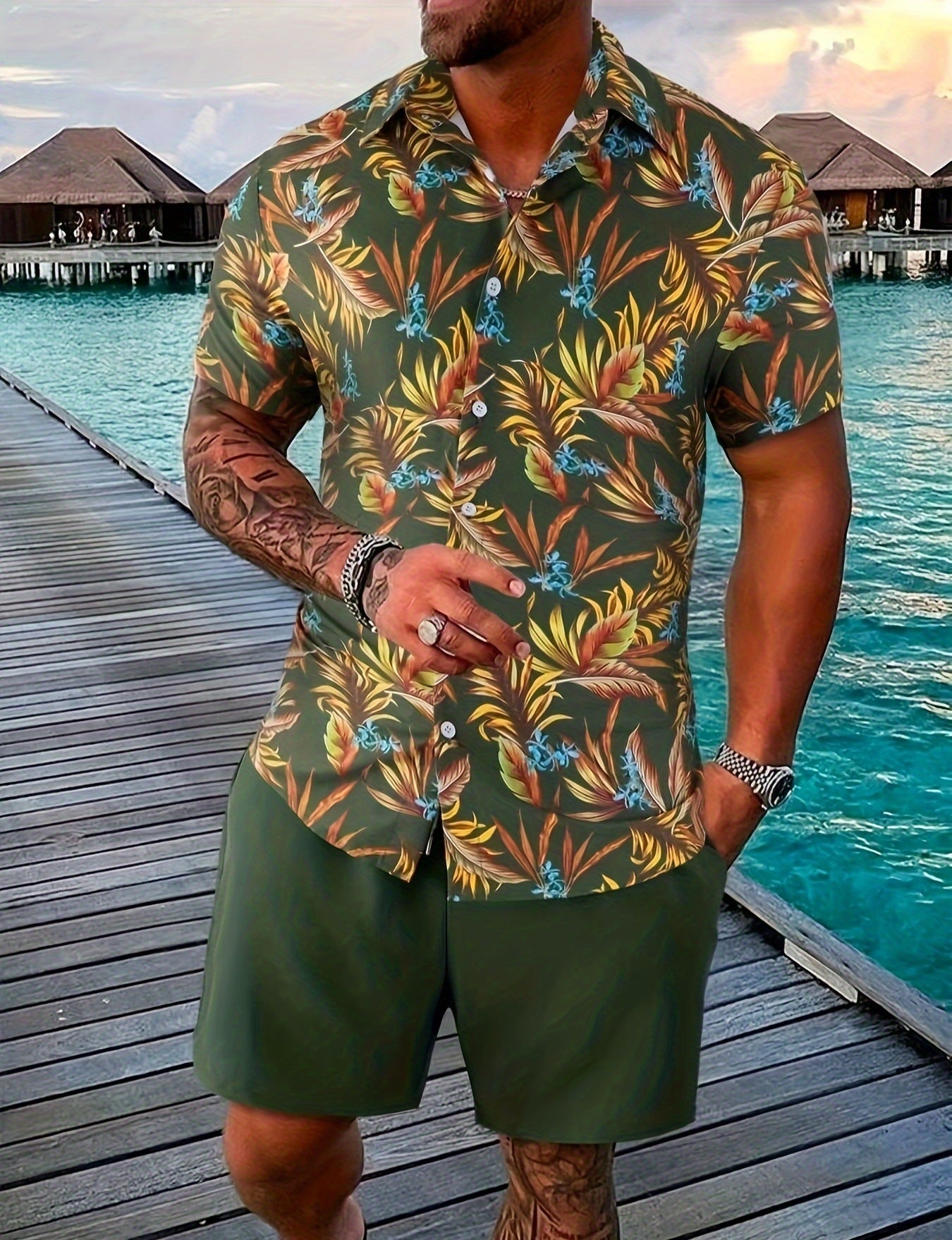 Men's Casual Loose Short Sleeved Shorts Beach Set