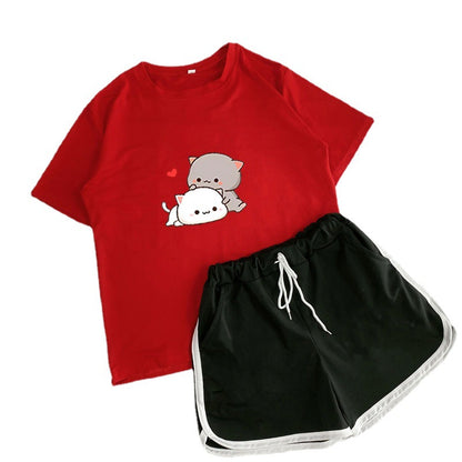 Student Crew Neck T-shirt Shorts Loose Sports Two-piece Set