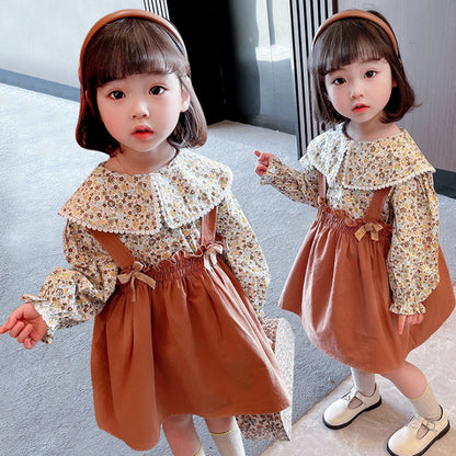 Girls Floral Shirt Suspender Skirt Two-piece Suit