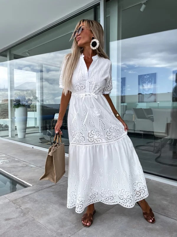 Women's New Fashion Button Strap Short Sleeve Waist-controlled Mid-length Dress