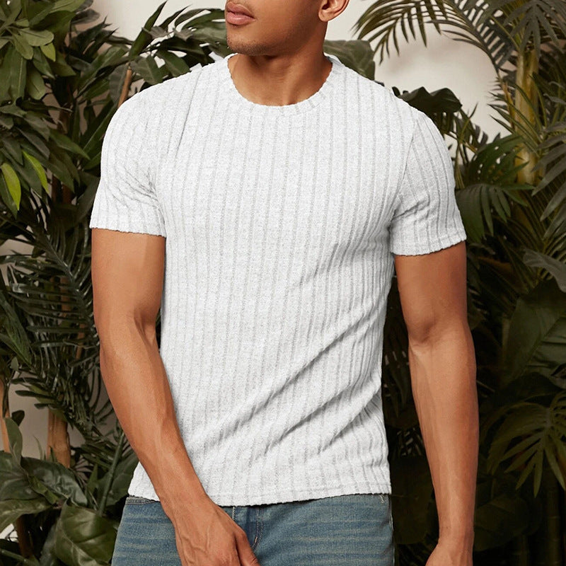 Summer Short-sleeved T-shirt Men Round Neck Solid Color Striped Design Top Mens Clothing