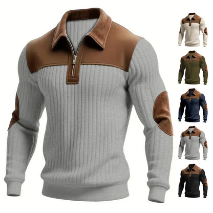 Notched-collar Patchwork Knit Top With Embroidered Zipper Hoodie