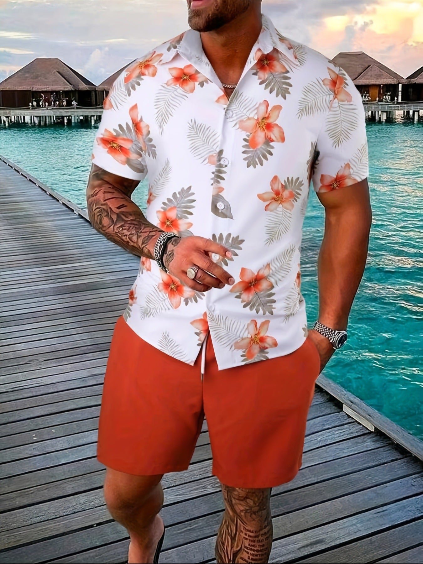 Men's Casual Loose Short Sleeved Shorts Beach Set