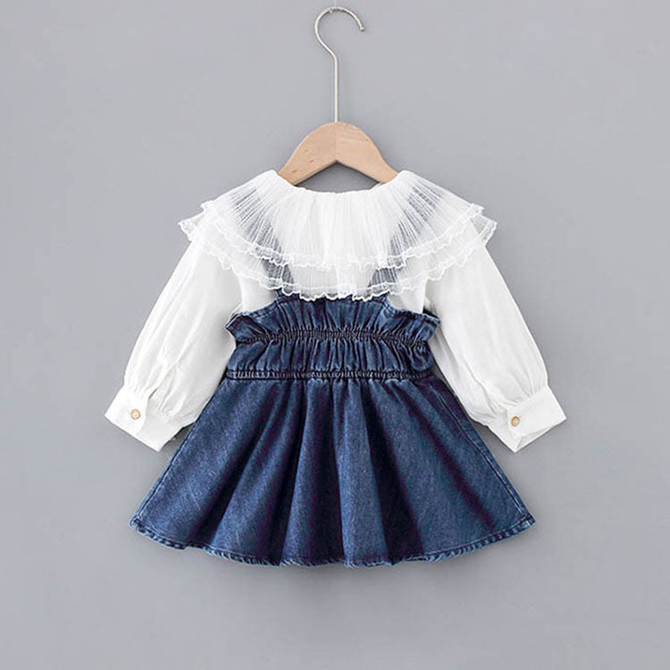 Lace big lapel shirt denim strap dress