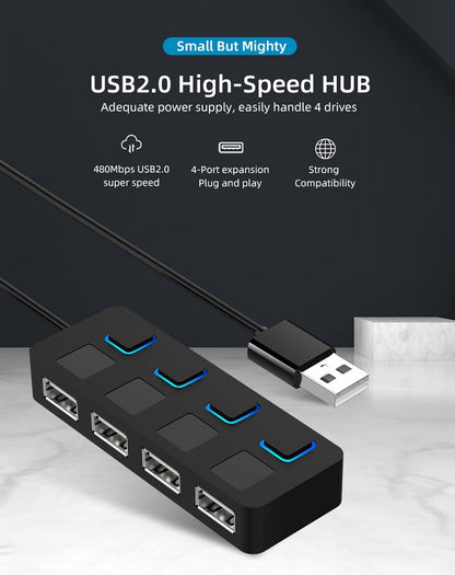 Répartiteur Multi USB 2.0 HUB, 4 extenseurs, adaptateur d'alimentation USB, indicateur d'alimentation, lecteurs USB pour ordinateur portable