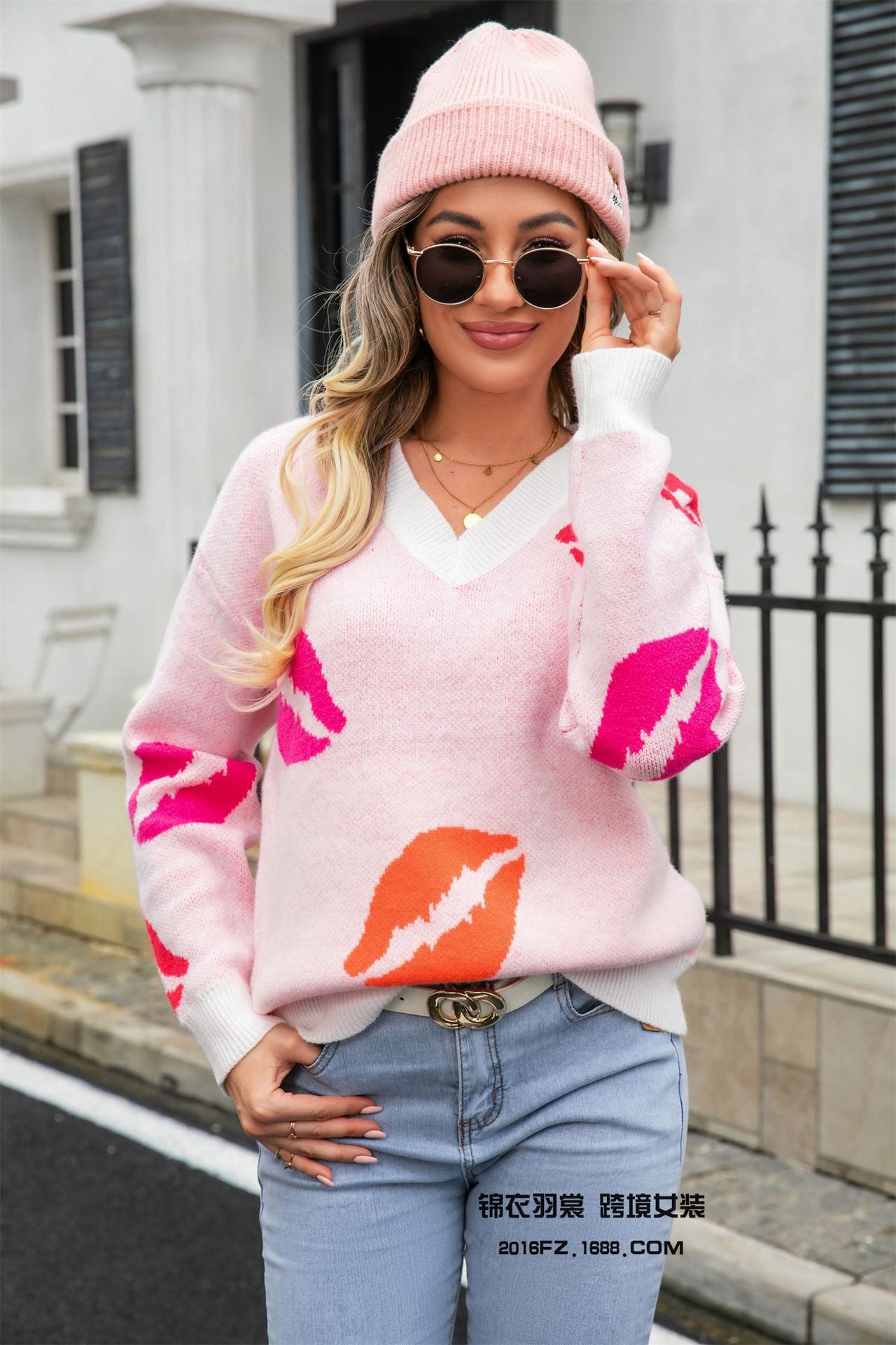 Lip Valentine's Day Sweater V-neck Knitted Pullover Sweater